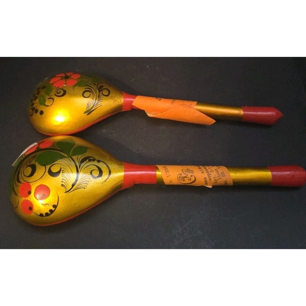 Beriozka Khokhloma Wooden Spoons USSR Set of 2 Gold Red Vintage Excellent - Picture 3 of 6